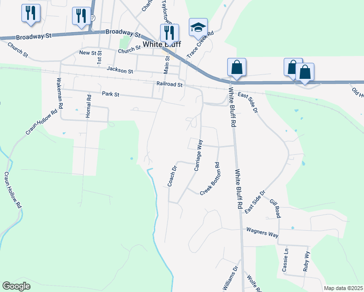 map of restaurants, bars, coffee shops, grocery stores, and more near 104 Coach Drive in White Bluff