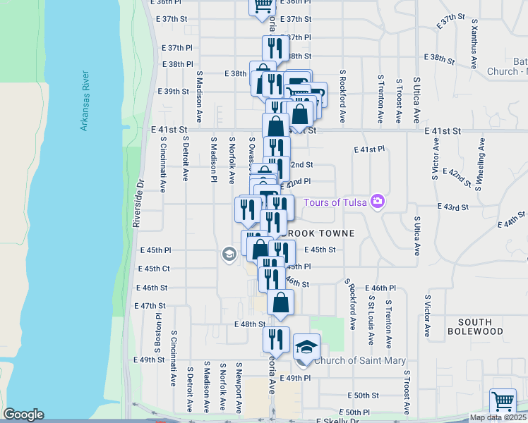 map of restaurants, bars, coffee shops, grocery stores, and more near 4302 South Peoria Avenue in Tulsa