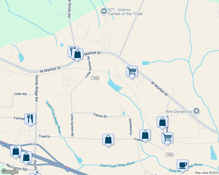map of restaurants, bars, coffee shops, grocery stores, and more near 215 Standard Drive in Greensboro