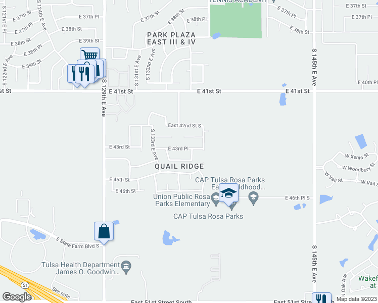 map of restaurants, bars, coffee shops, grocery stores, and more near 13414 East 43rd Place in Tulsa