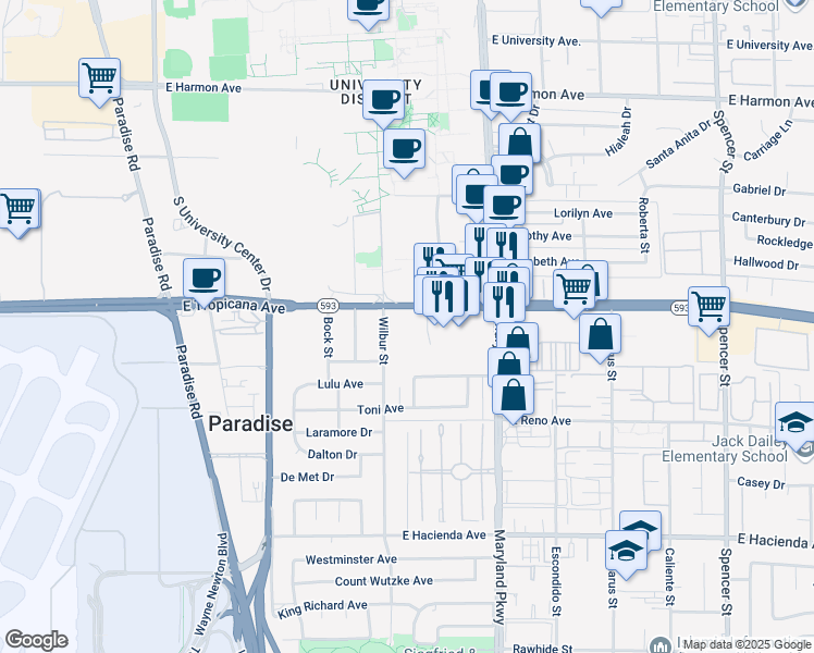 map of restaurants, bars, coffee shops, grocery stores, and more near 1079 East Tropicana Avenue in Las Vegas