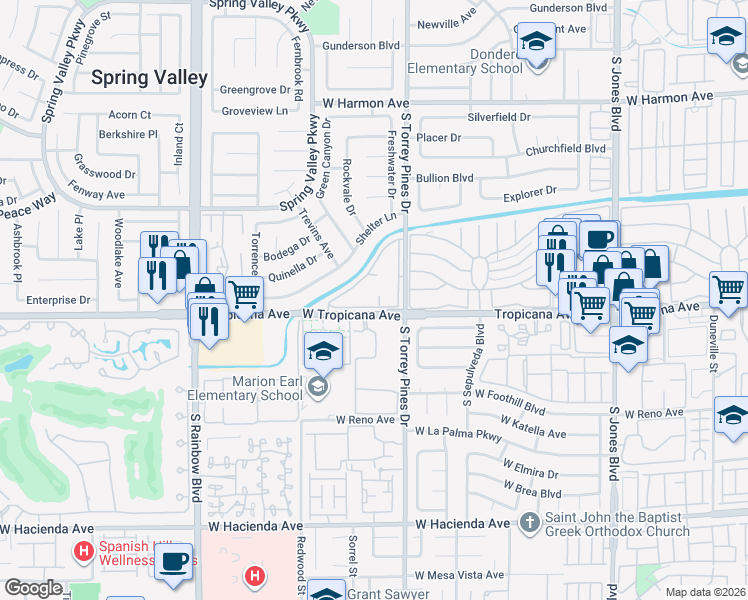 map of restaurants, bars, coffee shops, grocery stores, and more near 4855 South Torrey Pines Drive in Las Vegas