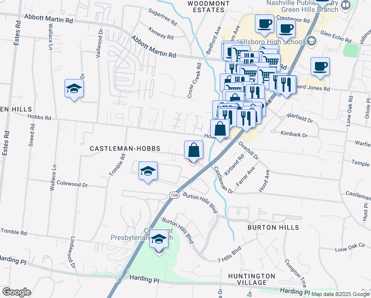 map of restaurants, bars, coffee shops, grocery stores, and more near 2212 Castleman Drive in Nashville