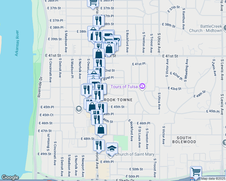 map of restaurants, bars, coffee shops, grocery stores, and more near 1364 East 43rd Place in Tulsa