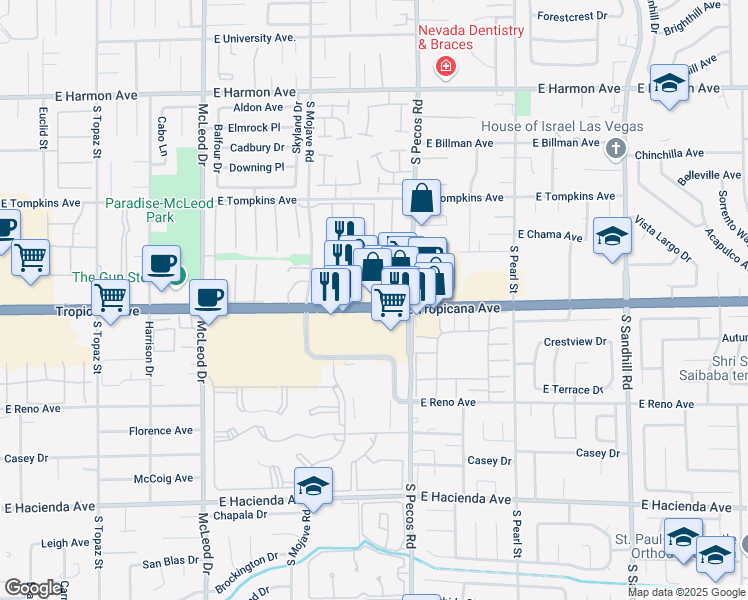 map of restaurants, bars, coffee shops, grocery stores, and more near 3340 East Tropicana Avenue in Las Vegas