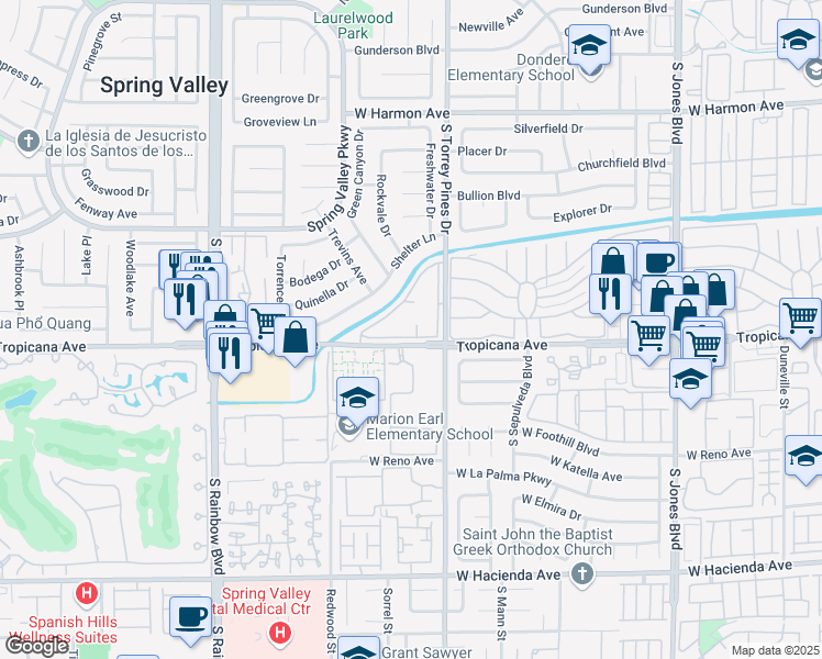 map of restaurants, bars, coffee shops, grocery stores, and more near 4877 South Torrey Pines Drive in Las Vegas