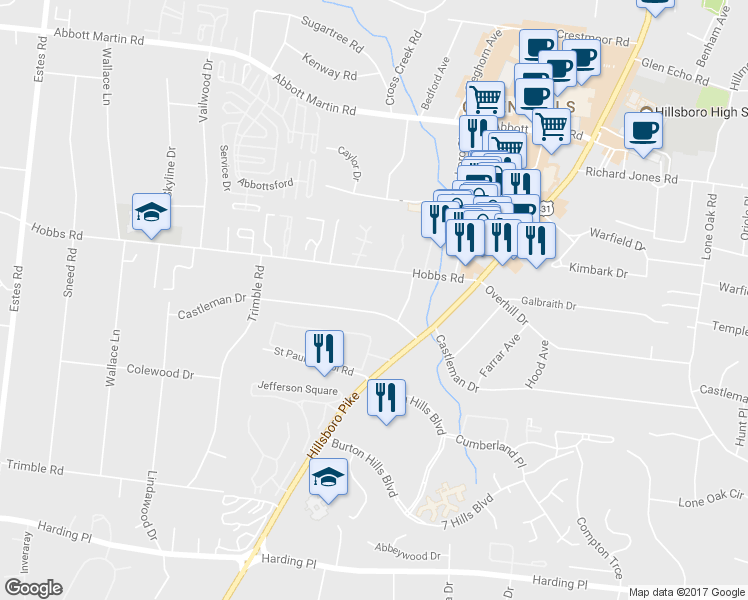 map of restaurants, bars, coffee shops, grocery stores, and more near 2212 Castleman Drive in Nashville