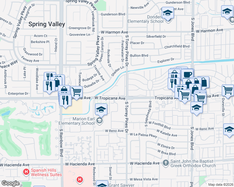 map of restaurants, bars, coffee shops, grocery stores, and more near 4855 South Torrey Pines Drive in Las Vegas