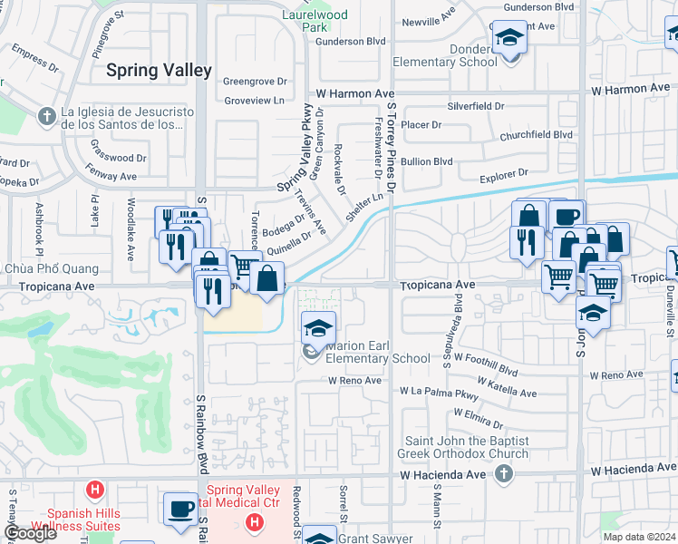map of restaurants, bars, coffee shops, grocery stores, and more near 4861 South Torrey Pines Drive in Las Vegas
