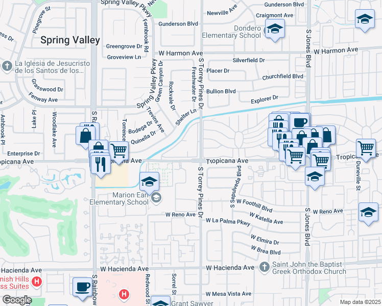 map of restaurants, bars, coffee shops, grocery stores, and more near 4889 South Torrey Pines Drive in Las Vegas