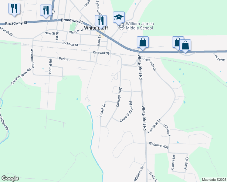 map of restaurants, bars, coffee shops, grocery stores, and more near 104 Coach Drive in White Bluff