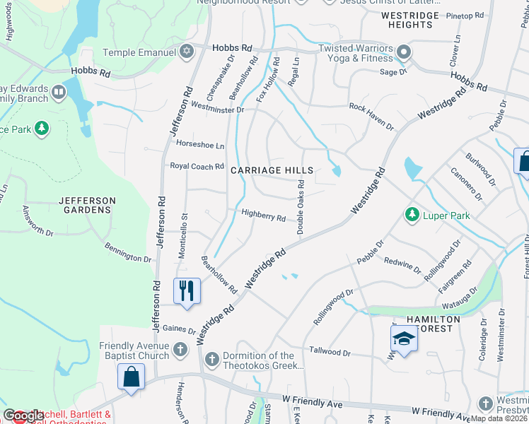 map of restaurants, bars, coffee shops, grocery stores, and more near 4508 Highberry Road in Greensboro