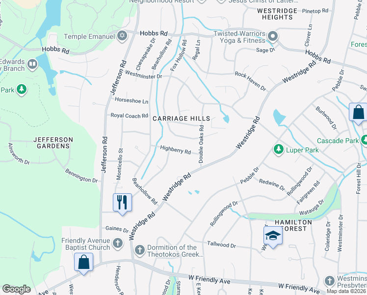 map of restaurants, bars, coffee shops, grocery stores, and more near 4508 Highberry Road in Greensboro