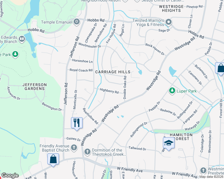 map of restaurants, bars, coffee shops, grocery stores, and more near 4508 Highberry Road in Greensboro