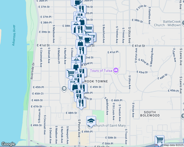 map of restaurants, bars, coffee shops, grocery stores, and more near 1364 East 43rd Place in Tulsa