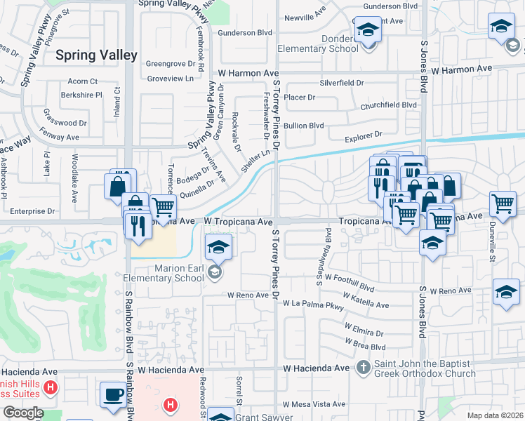 map of restaurants, bars, coffee shops, grocery stores, and more near 4889 South Torrey Pines Drive in Las Vegas