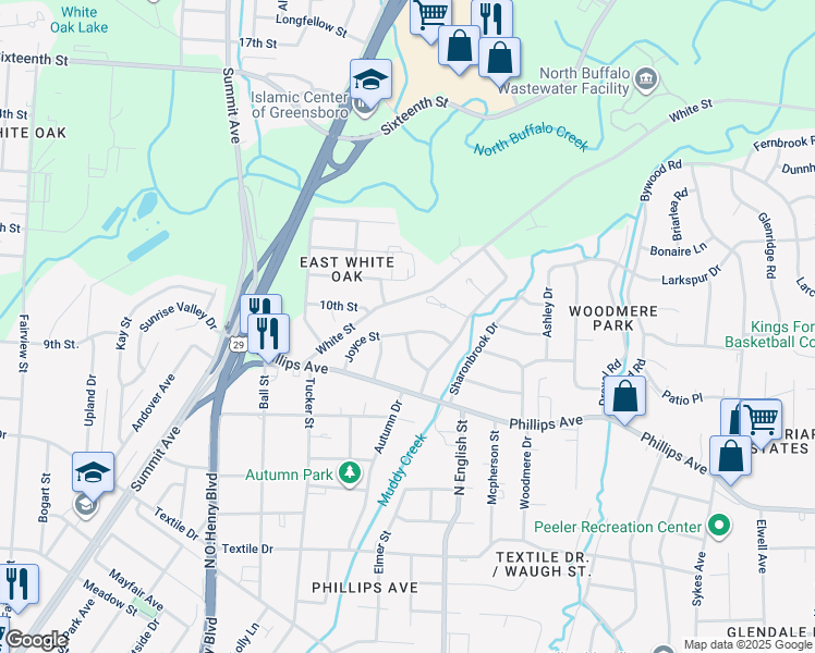 map of restaurants, bars, coffee shops, grocery stores, and more near 1903 Joyce Street in Greensboro