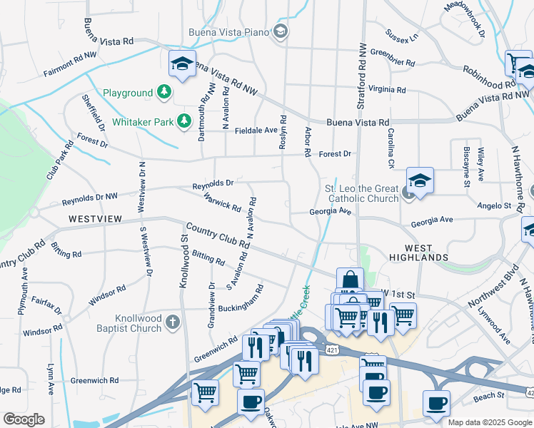 map of restaurants, bars, coffee shops, grocery stores, and more near 2431 Warwick Road in Winston-Salem