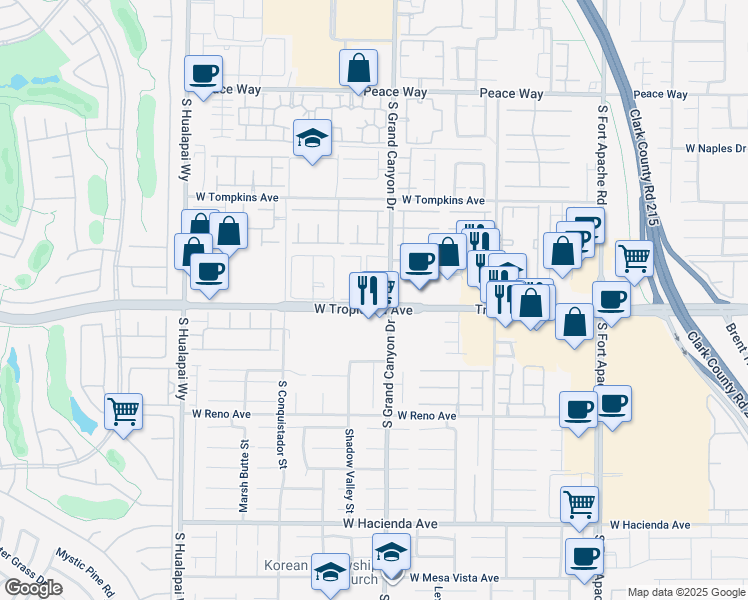 map of restaurants, bars, coffee shops, grocery stores, and more near 9830 West Tropicana Avenue in Las Vegas