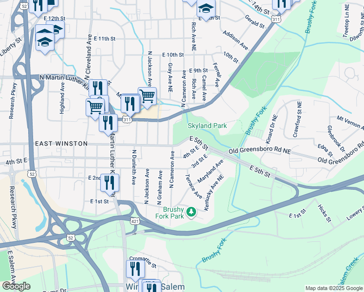 map of restaurants, bars, coffee shops, grocery stores, and more near 1816 East 5th Street in Winston-Salem
