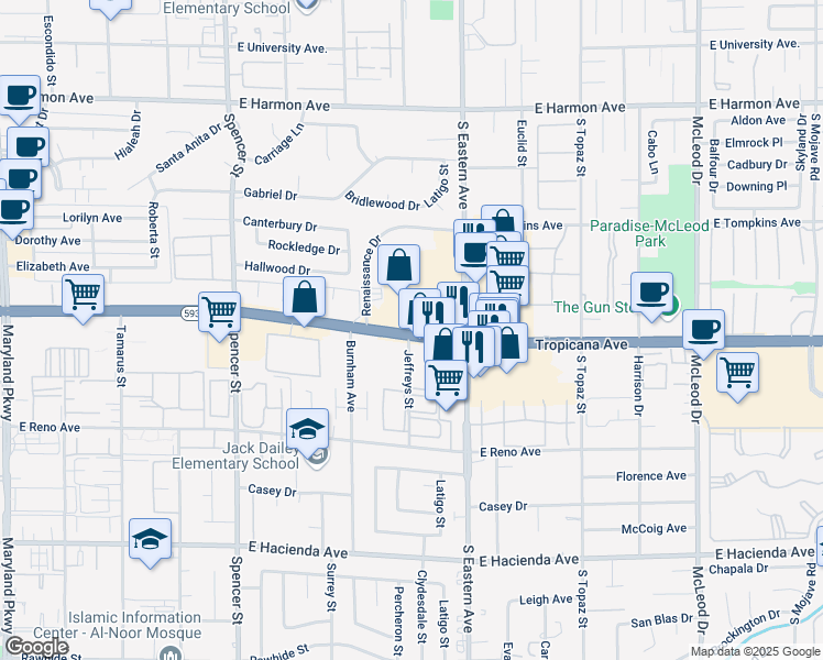 map of restaurants, bars, coffee shops, grocery stores, and more near 2340 E Tropicana Ave in Las Vegas