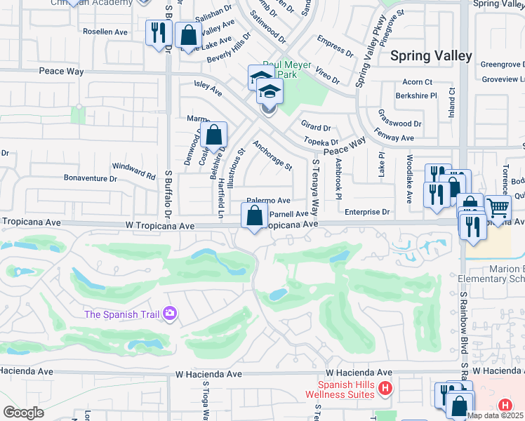 map of restaurants, bars, coffee shops, grocery stores, and more near 7508 Parnell Avenue in Las Vegas