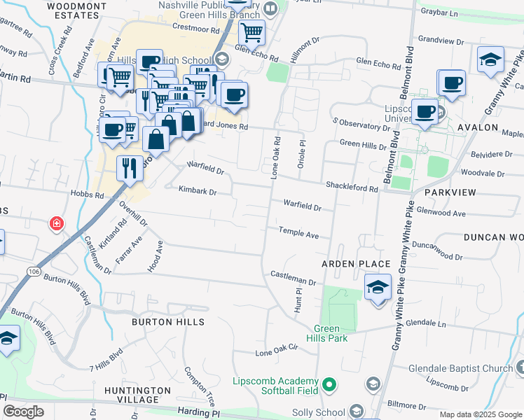 map of restaurants, bars, coffee shops, grocery stores, and more near 101 Westover Park Court in Nashville