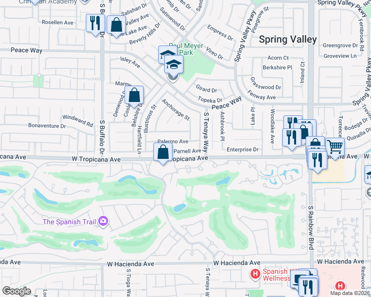 map of restaurants, bars, coffee shops, grocery stores, and more near 7438 Parnell Avenue in Las Vegas
