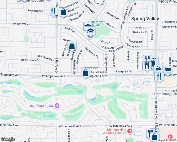 map of restaurants, bars, coffee shops, grocery stores, and more near 7508 Parnell Avenue in Las Vegas
