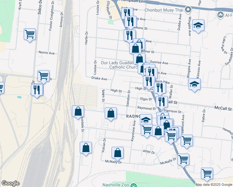map of restaurants, bars, coffee shops, grocery stores, and more near 514 Elgin Street in Nashville