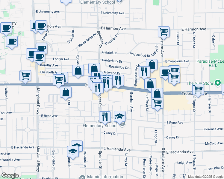 map of restaurants, bars, coffee shops, grocery stores, and more near 1955 East Tropicana Avenue in Las Vegas