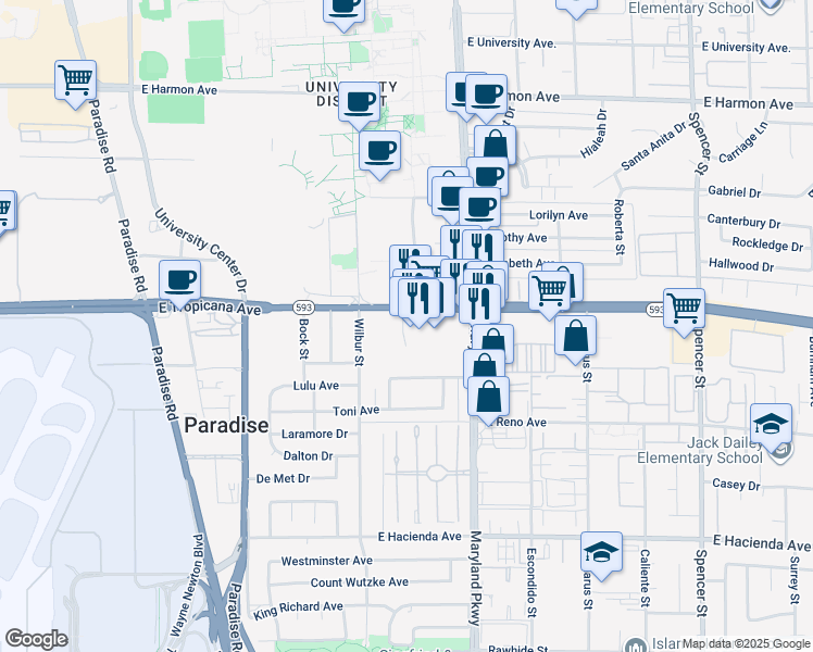 map of restaurants, bars, coffee shops, grocery stores, and more near 1079 East Tropicana Avenue in Las Vegas