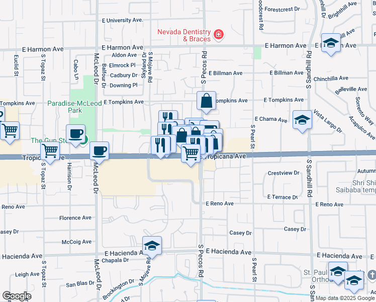 map of restaurants, bars, coffee shops, grocery stores, and more near 3340 East Tropicana Avenue in Las Vegas