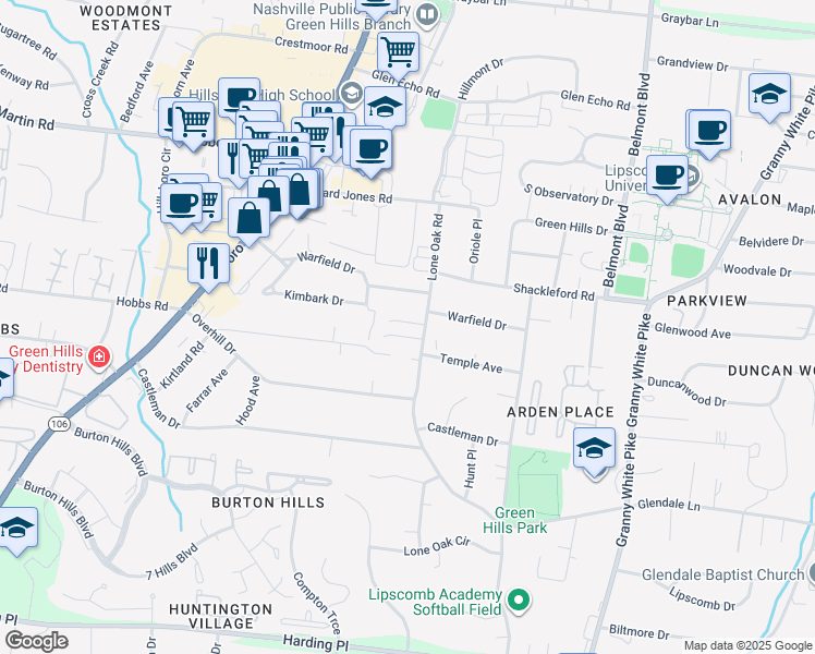 map of restaurants, bars, coffee shops, grocery stores, and more near 101 Westover Park Court in Nashville