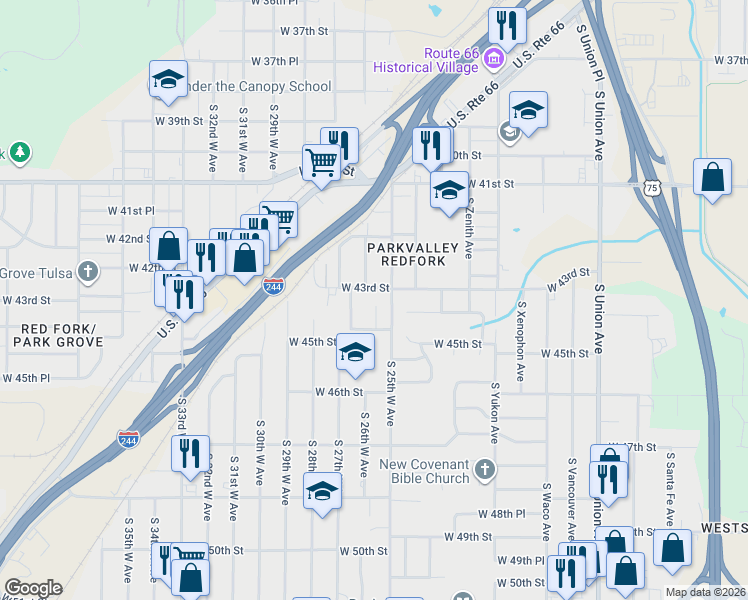 map of restaurants, bars, coffee shops, grocery stores, and more near 4302 South 26th West Avenue in Tulsa