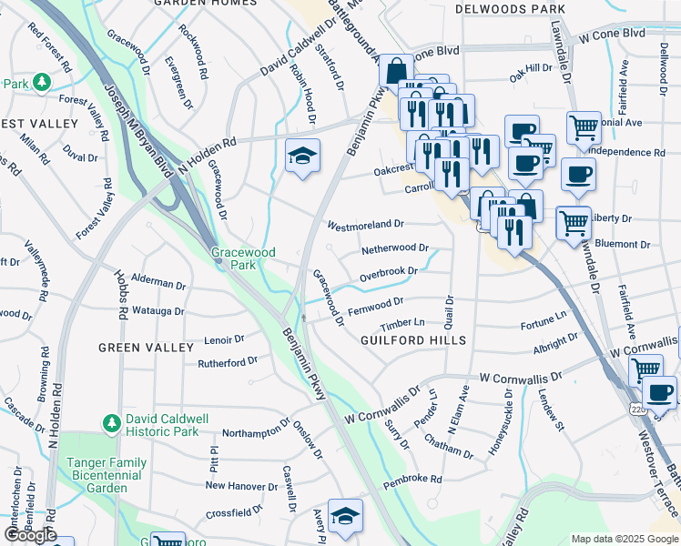map of restaurants, bars, coffee shops, grocery stores, and more near 1500 Bonaventure Road in Greensboro