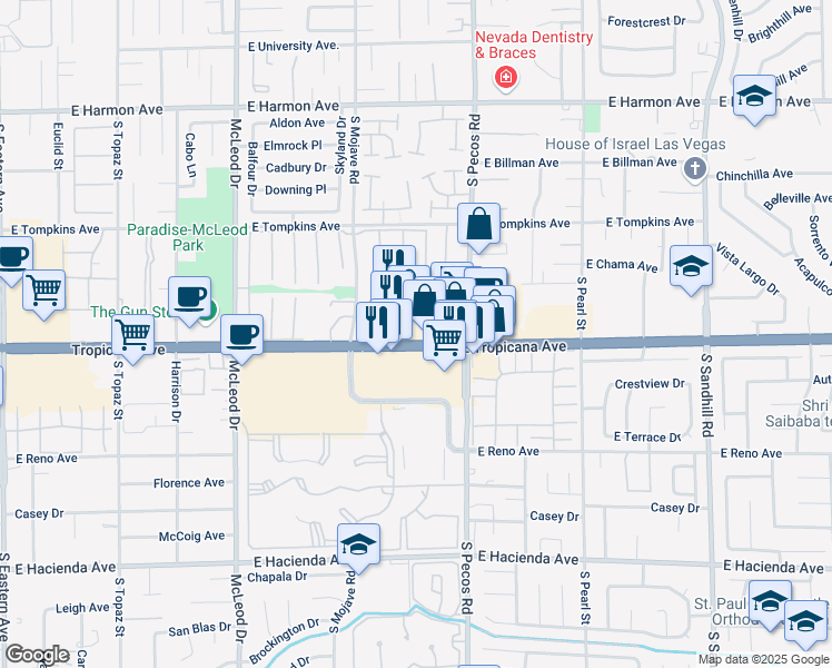 map of restaurants, bars, coffee shops, grocery stores, and more near 3340 East Tropicana Avenue in Las Vegas