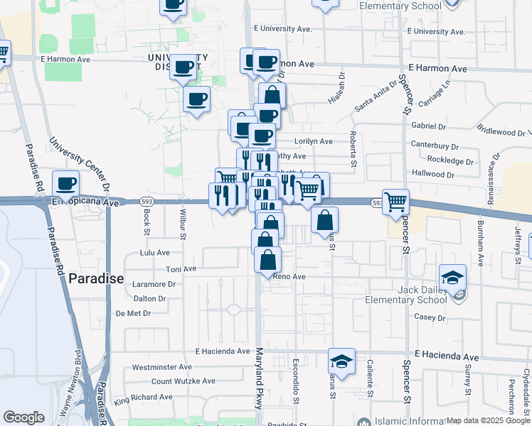map of restaurants, bars, coffee shops, grocery stores, and more near 4910 South Maryland Parkway in Las Vegas