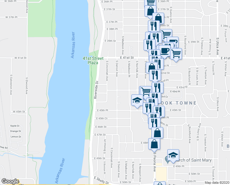 map of restaurants, bars, coffee shops, grocery stores, and more near 4308 South Detroit Avenue in Tulsa
