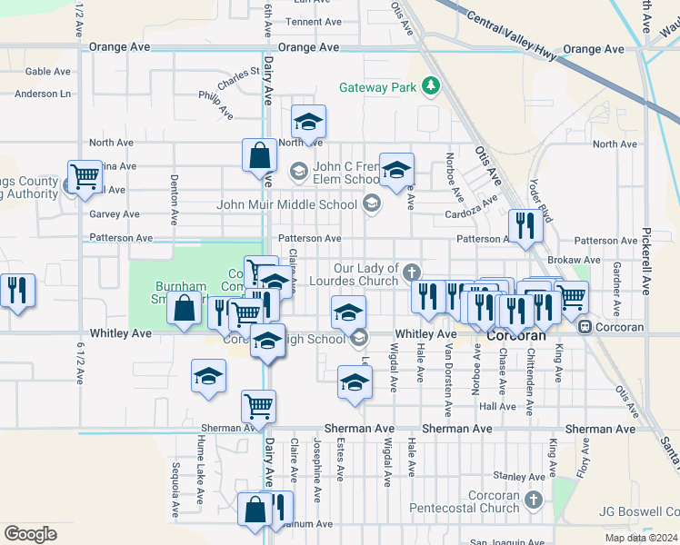 map of restaurants, bars, coffee shops, grocery stores, and more near 910 Letts Avenue in Corcoran