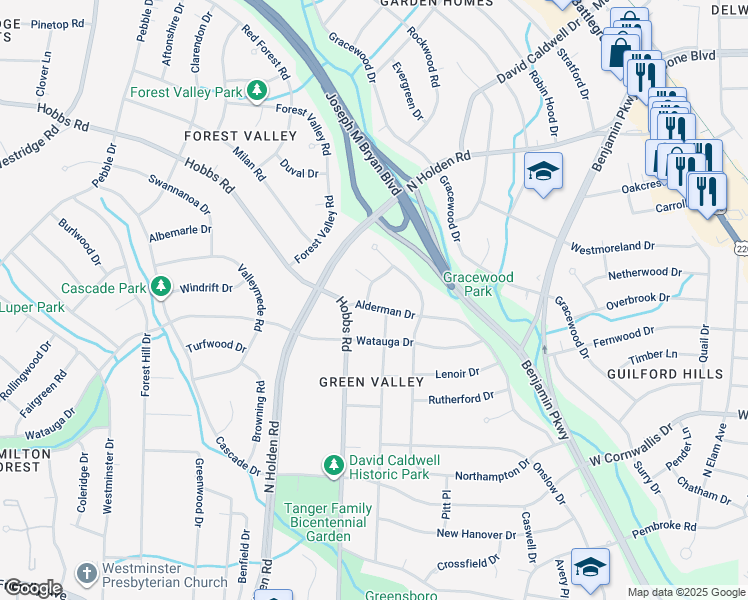 map of restaurants, bars, coffee shops, grocery stores, and more near 1612 Alderman Drive in Greensboro