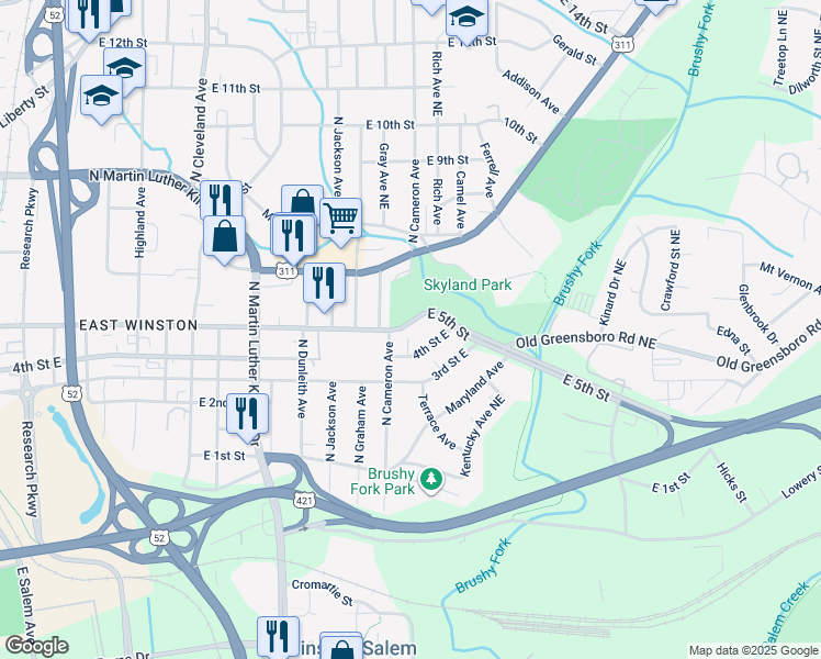 map of restaurants, bars, coffee shops, grocery stores, and more near 1816 East 5th Street in Winston-Salem