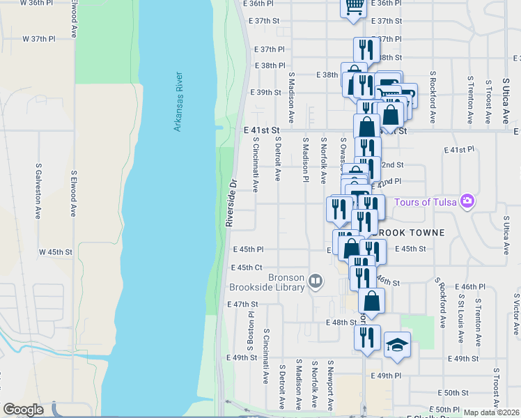 map of restaurants, bars, coffee shops, grocery stores, and more near 4303 South Cincinnati Avenue in Tulsa