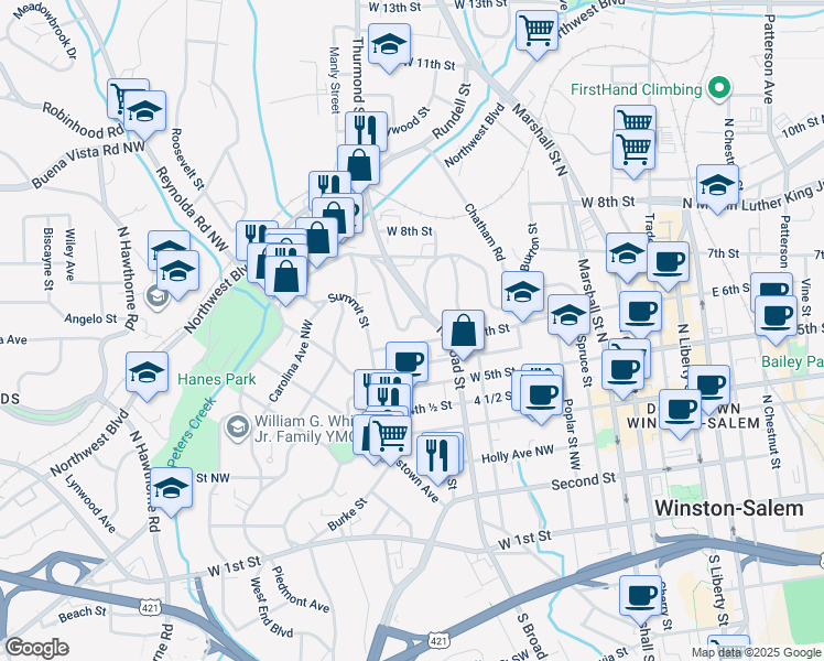 map of restaurants, bars, coffee shops, grocery stores, and more near 276 West End Boulevard in Winston-Salem