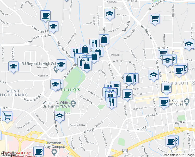 map of restaurants, bars, coffee shops, grocery stores, and more near 617 Jersey Avenue in Winston-Salem