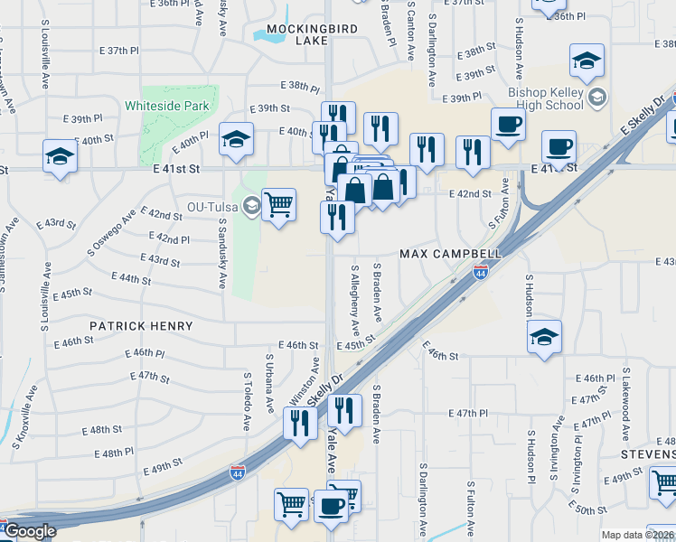 map of restaurants, bars, coffee shops, grocery stores, and more near 4317 South Yale Avenue in Tulsa