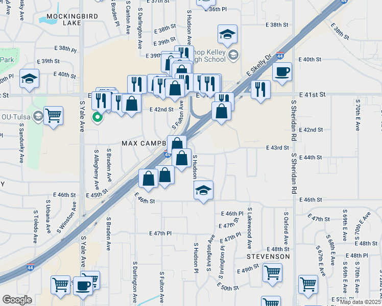 map of restaurants, bars, coffee shops, grocery stores, and more near 4228 South Hudson Place in Tulsa