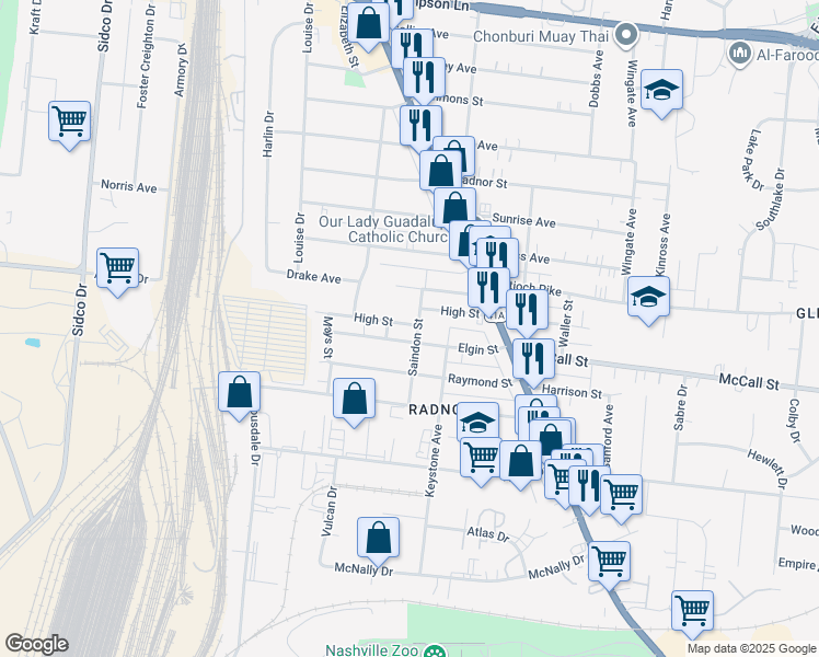 map of restaurants, bars, coffee shops, grocery stores, and more near 3307 Saindon Street in Nashville