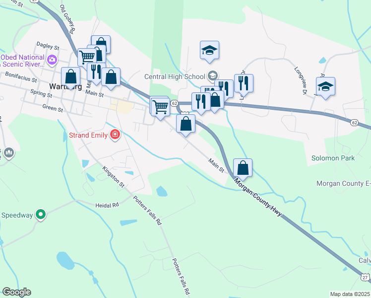 map of restaurants, bars, coffee shops, grocery stores, and more near 1138 Main Street in Wartburg
