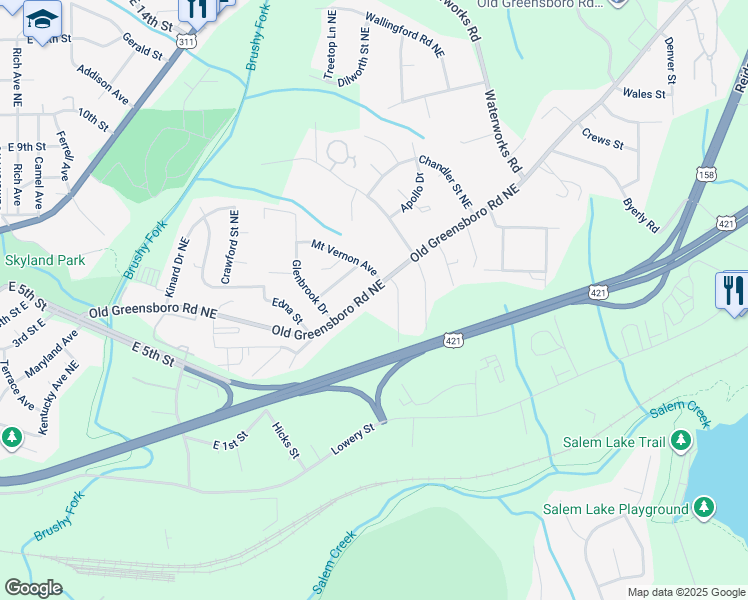 map of restaurants, bars, coffee shops, grocery stores, and more near 2842 Old Greensboro Road in Winston-Salem